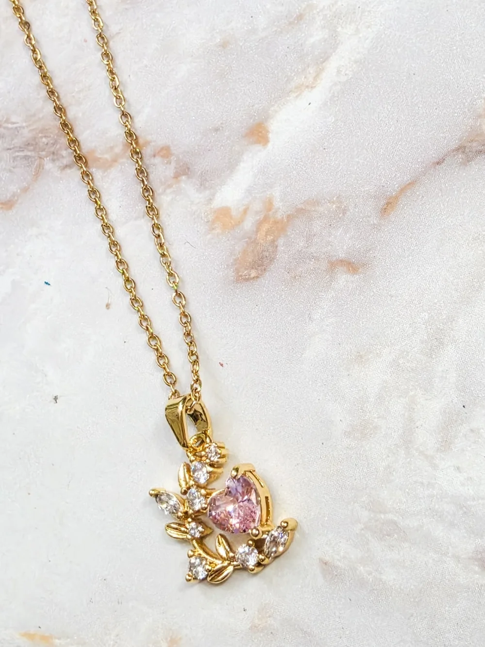 Dainty Gold Heart & Leaf Pendant Necklace Pink Crystal Jewelry
